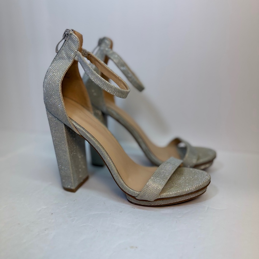 Luv Smart Realove-2 Silver Mesh Platform Block Heel Sandals Womens 8 Sparkle